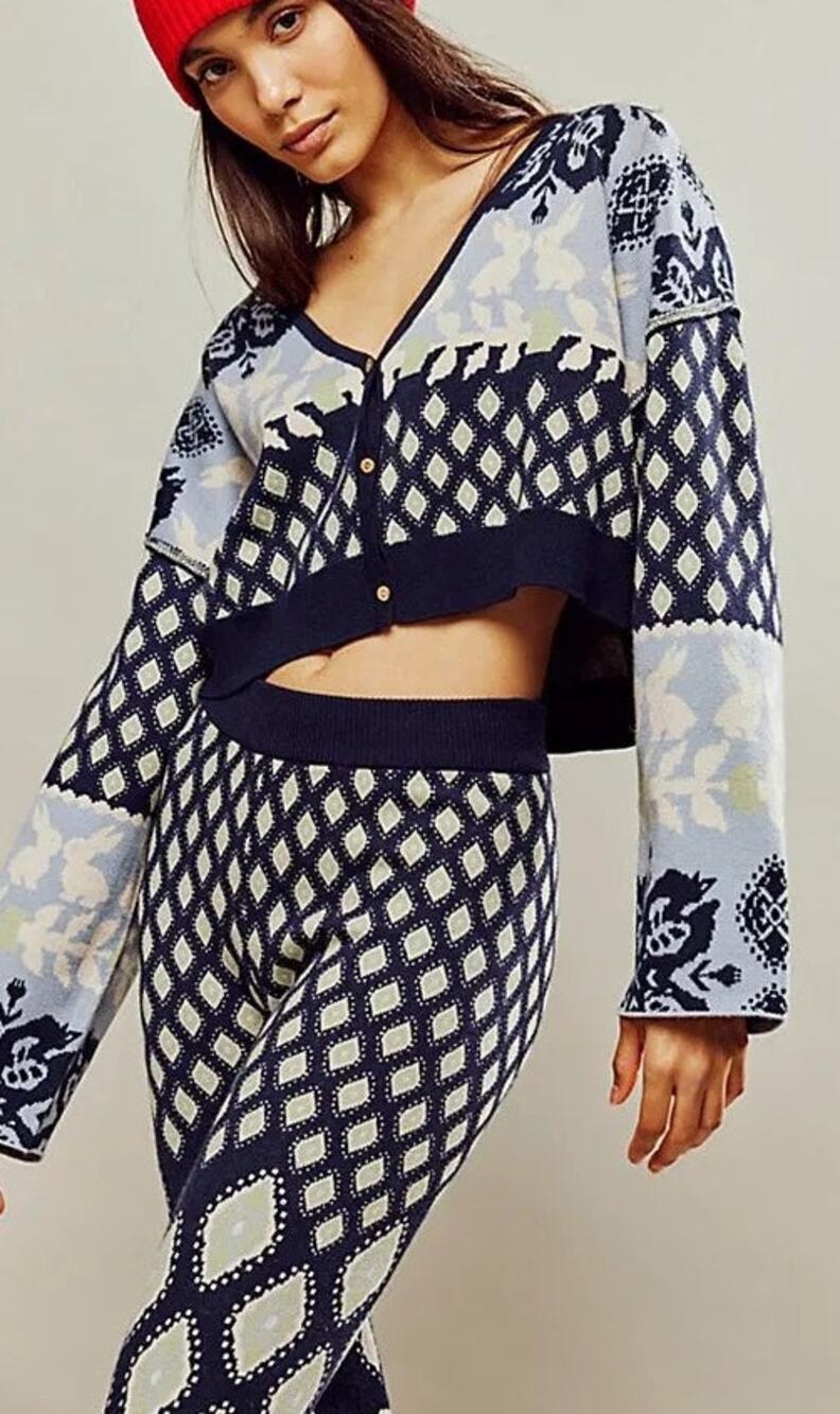 Free People Snow Bunny Knit SET Cardigan & Leggings XS Blue Lounge Nordic Indie